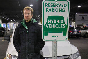 Image of sign at Ikea for designation parking for hybrid vehicles only